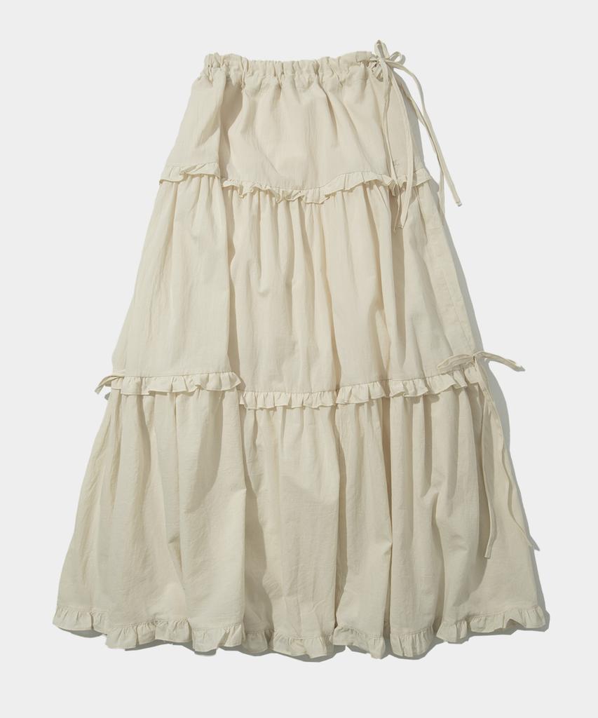 PLACE STUDIO Tiered Frill Flare Ribbon Shirred Long Cotton Skirt [Black]