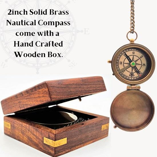 Nautical Compass Not All Those Who Wander Are Lost Engraved Solid Brass Navigational Vintage Marine Compass with Wooden Box