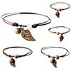 Vintage Nature-Inspired Ceramic Bead Bracelet with Leaf Pendant for Couples