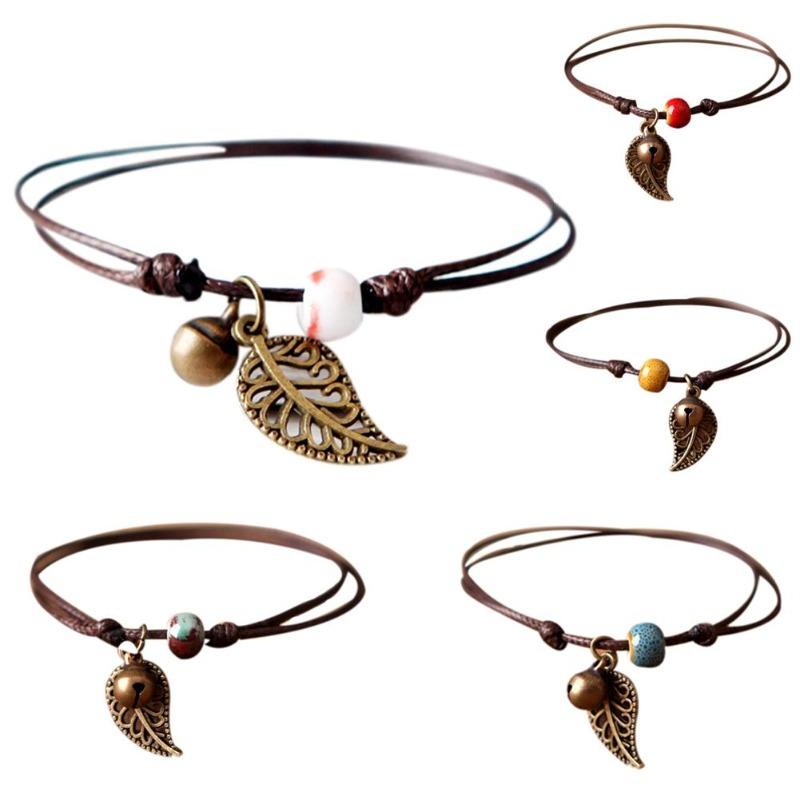 Vintage Nature-Inspired Ceramic Bead Bracelet with Leaf Pendant for Couples
