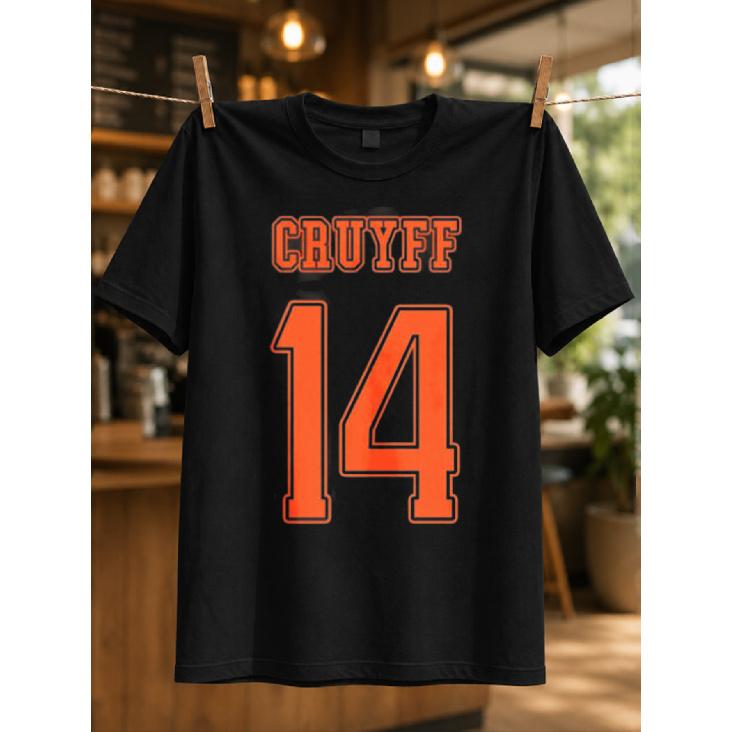 Cruyff 14 Jersey Orange Number Graphic in Varsity Style Simple Football Fan Typography on Black Unisex All T-Shirt