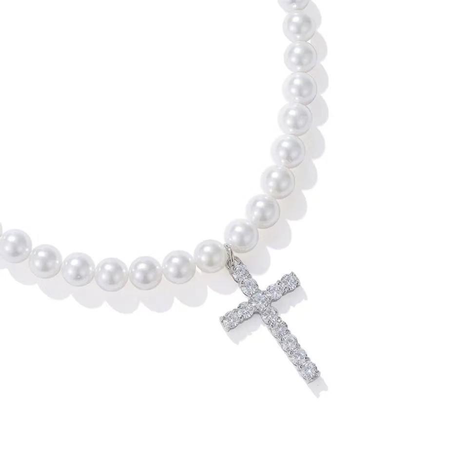 French Luxury Faux Pearl Clavicle Chain Necklace - High-End, Versatile Cross Design for Hip Hop & Fashion Enthusiasts