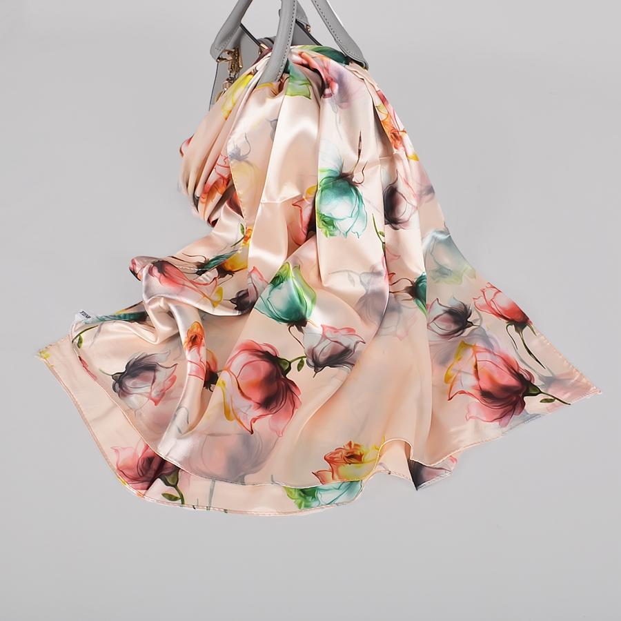 [BYSIFA] Fall New Silk Scarf Hijab Printed Elegant Green Plum Blossom Satin Long Scarves Shawls Winter Women Accessories Wraps