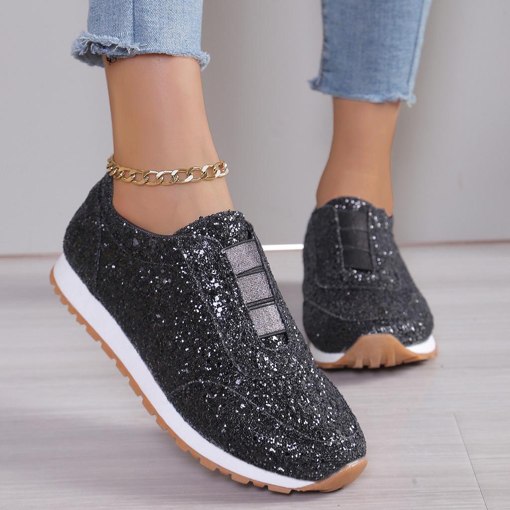 European and American Large-size Spring and Autumn New Sequined Sports and Leisure Women's Shoes Round Head Elastic Band Flat-soled Sports Shoes