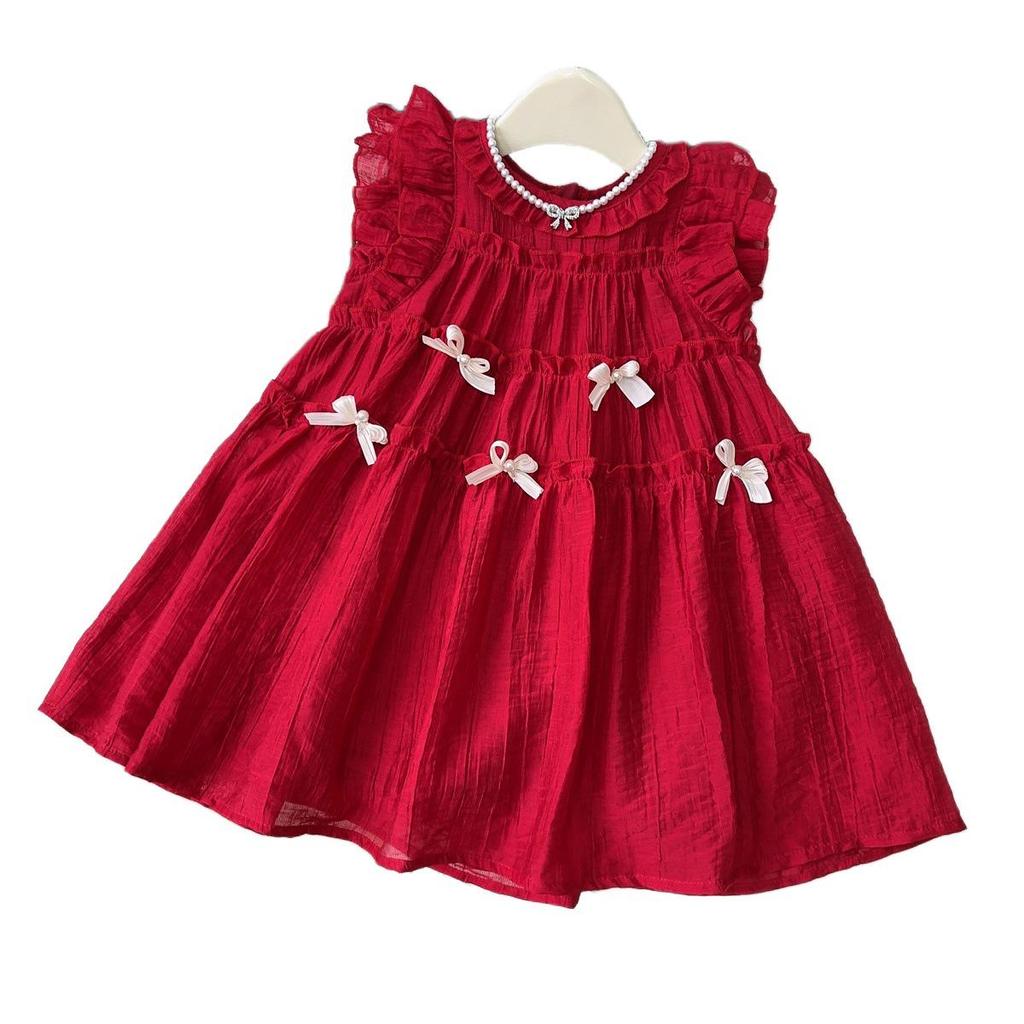 Letnia koronkowa sukienka bez rękawów z kokardą dla dziewczynki