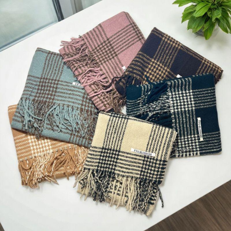 Blue Plaid Tassel Scarf: Versatile Warm Neck Warmer for Women & Couples - Autumn/Winter 2025
