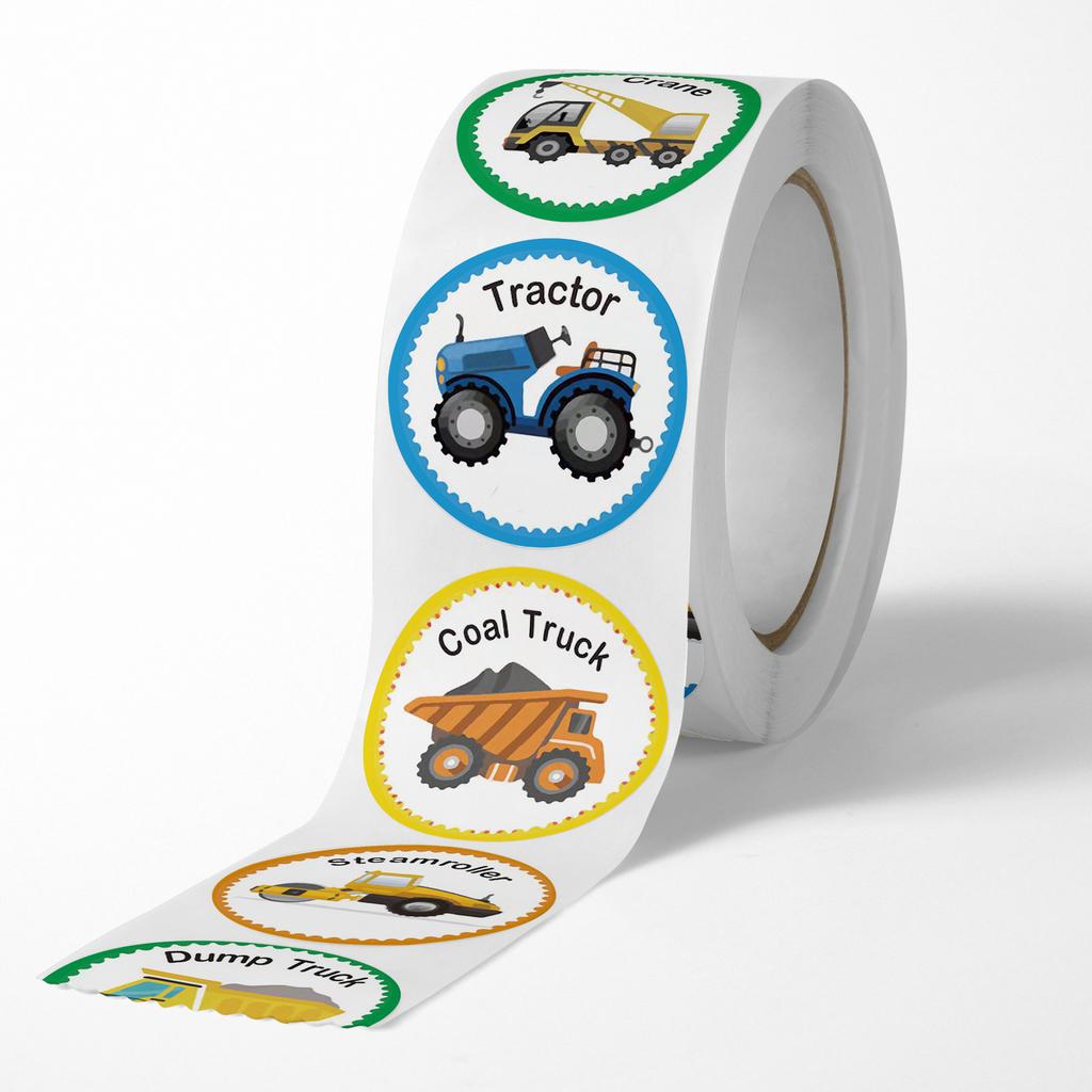 500pcs Cartoon Vehicle Stickers Roll Kids Toy Labels Round Adhesive Seals for Party Favors School Supplies and Scrapbooking