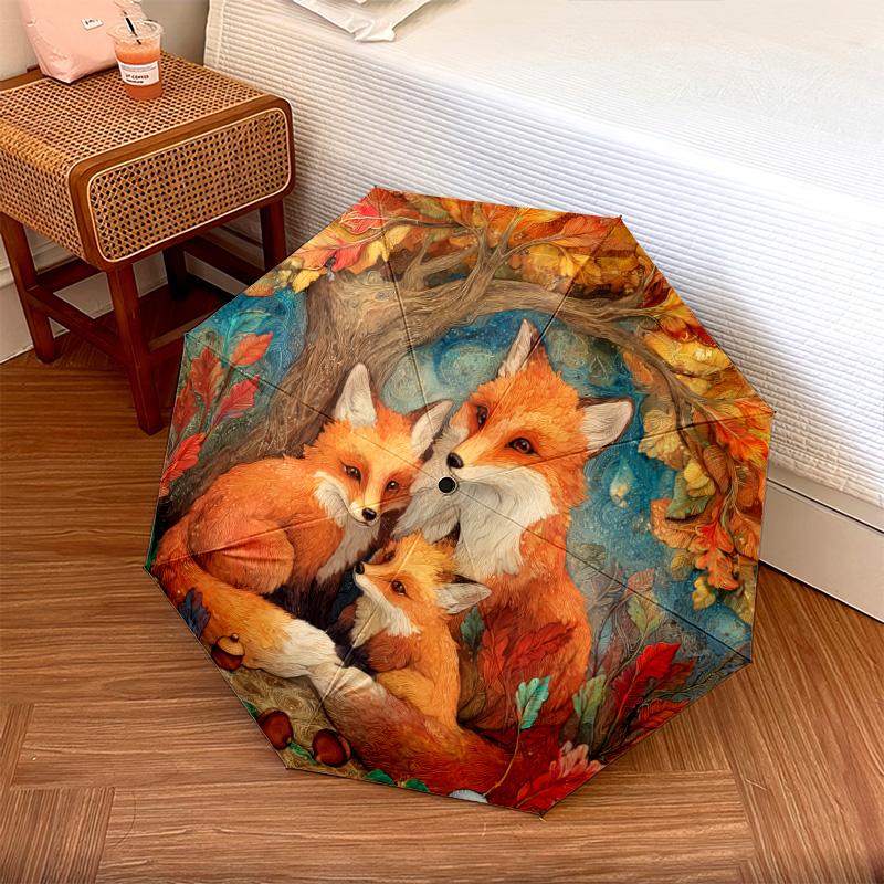 0106 Fox Family  pattern, automatic folding umbrella, portable and foldable design, 8 ribs, a Christmas or birthday gift.
