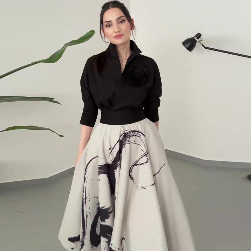 2024 European & American Lace-up Waist-Cinching Short Top & High-Waisted Printed Long Skirt Set