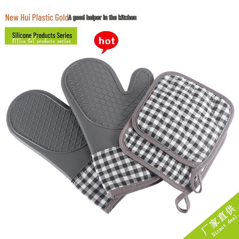 Plaid Silicone Oven Gloves - Cotton-Padded, Heat-Resistant, Anti-Scald, Multifunctional.