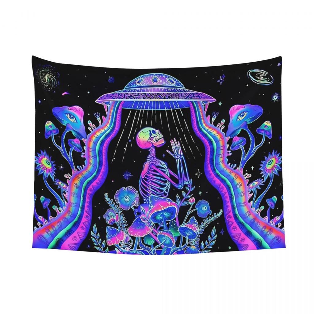 Psychedelic Skull Halloween Tapestry Wall Hanging Printed Polyester Tapestry Ins Throw Rug Blanket Wall Decor Tapiz