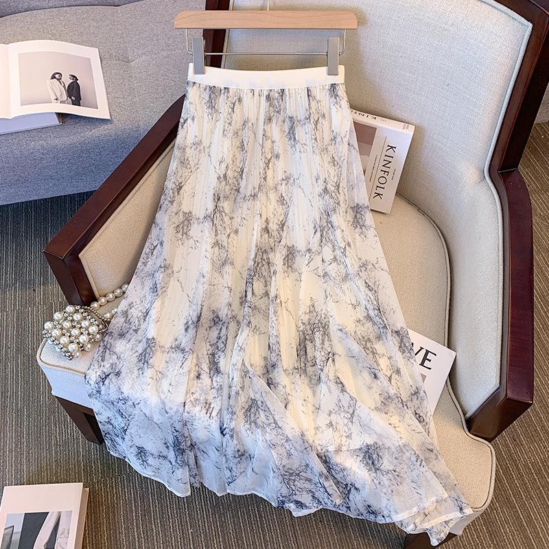 

Qooth Spring Summer Chinese Ink Wash Print A Line Skirt Chiffon Printed Vintage Ankle Length Skirt QT2603 One Size чёрный