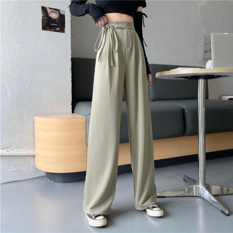 

Solid Highwaist Lace-up Straight-Leg Pants Pure Color High Waist Shoelace Straight-Leg Pants as shown XXL