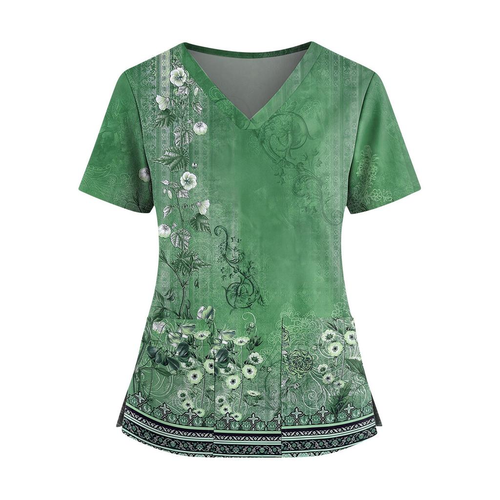 Damen Modisches Bedrucktes V-Ausschnitt Doppelpattentaschen Kurzarmhemd Mit Schlitzsaum Uniform- und Arbeiter-Oberteil
