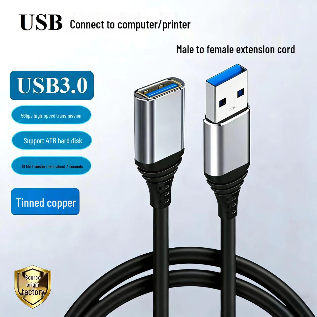 

USB 3.0 Gold-Plated Extension Cable, Male to Female - 5G Transmission for U Disk, Hard Drive, Printer, Camera, Radiator 0.3m