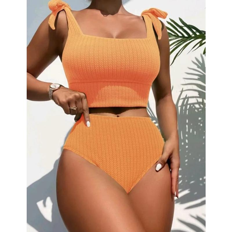 

Split Swimsuit High Waisted Conservative Solid Color Swimsuit XL помаранчево-червоний