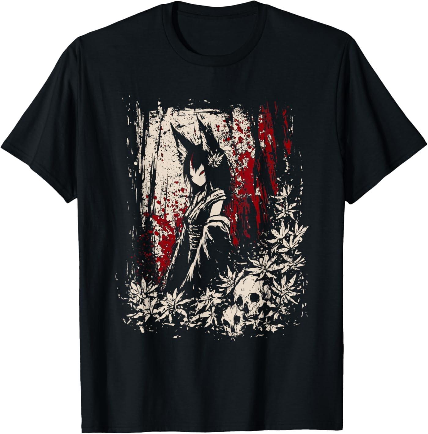 Dark Geisha Anime Japanese Gothic Girl Skull Kitsune Horror T-Shirt S