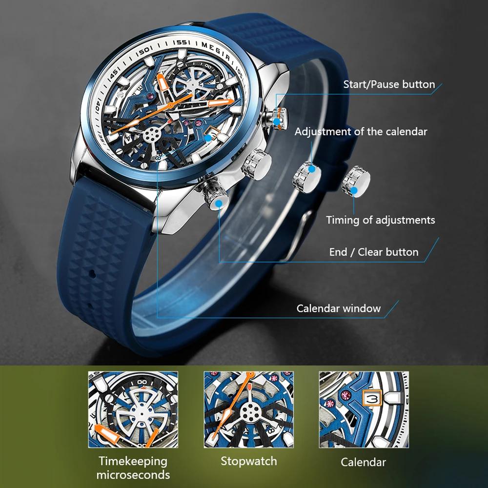 MEGIR Luxury Quartz Watch Men Waterproof Round Hollow Dial Wristwatch with Chronograph Silicone Strap Luminous Hands