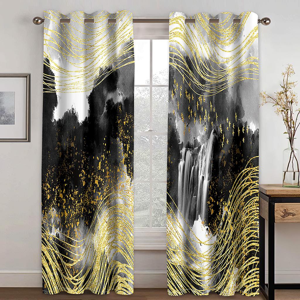 Modern Black Gald Marble Texture Crack Thin 2 Pieces Light Filtering Curtain for Living Room Bedroom Home Window Drape Decor