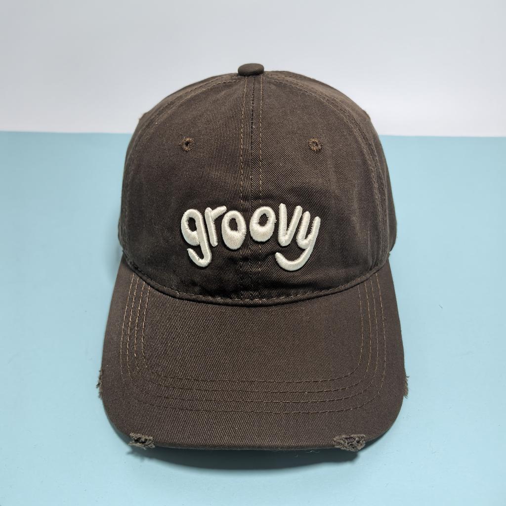 New Vintage Washed "Groovy" Embroidered Baseball Cap For Women Men Distressed Adjustable Casual Sun Hat
