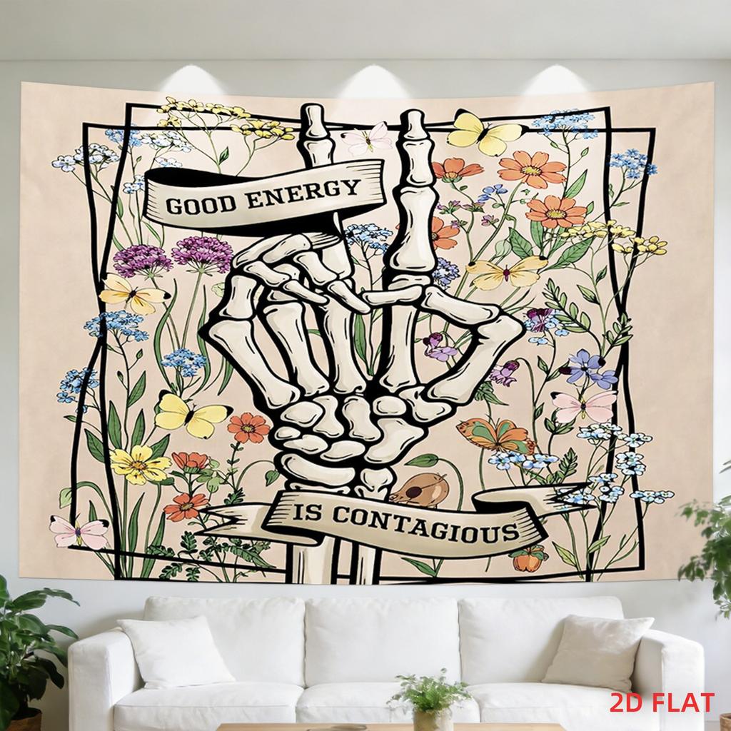 2D Flat - 2D Flat - A Large Tapestry Featuring a Skeleton Hand Against a Floral Backdrop, Promoting Positive Energy. This Non-Luminous Wall Decoration