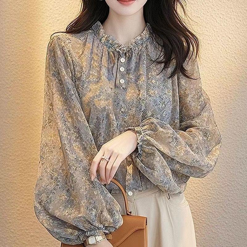 Grau-gelb geblümte Chiffonbluse mit Rüschenkragen und Ballonärmeln für Damen