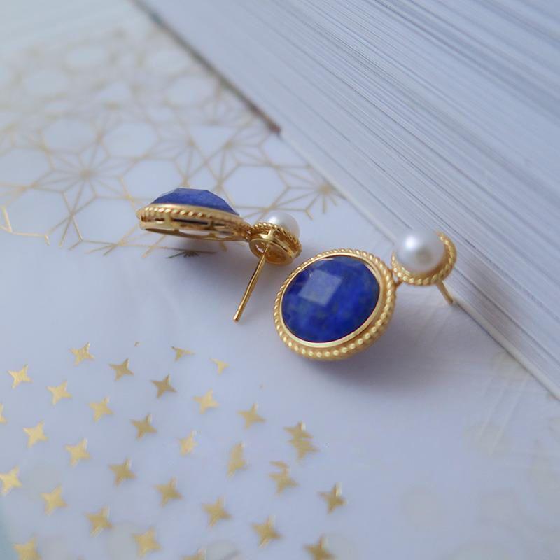 Vintage Style Exquisite Pearl Round Lapis Lazuli Earrings For Women  Inlaid Classic Blue Stud Earings Jewelry Gift