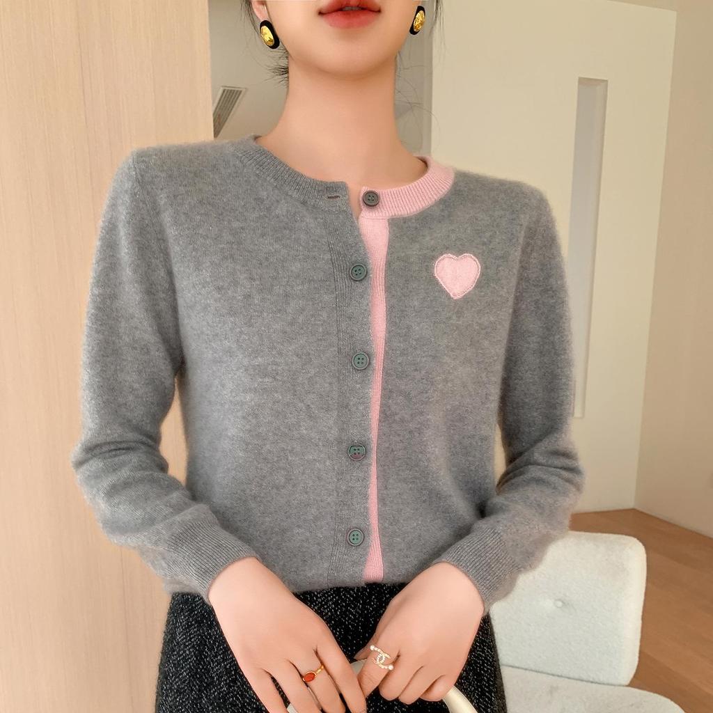 Women's Cashmere Cardigan: Color Block, Round Neck, Sweetheart Embroidery, Loose Fit Sweater.