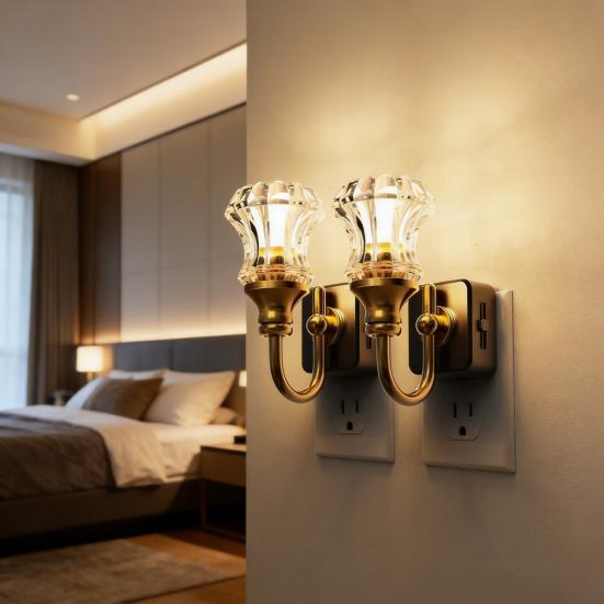 Vintage Plug-In Night Light with Resin Dusk-to-Dawn Sensor Brass Base LED Lamp Light Energy-Saving Ambient Night
