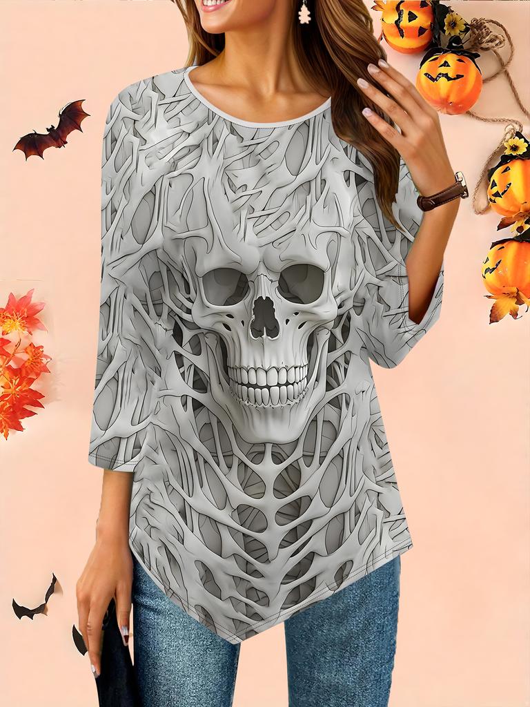 Women's Loose Round Neck Three Quarter Sleeve Tee 3D Halloween Pattern Ideal Halloween and Christmas Gift