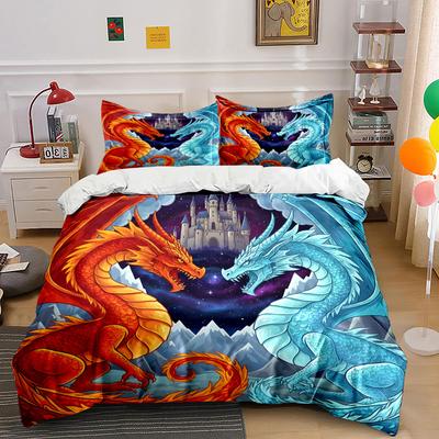 Fiery Red and Icy Blue Dragons Bedding Duvet Cover Set  (1*Duvet Cover 2*Pillowcases, Without Duvet Insert)