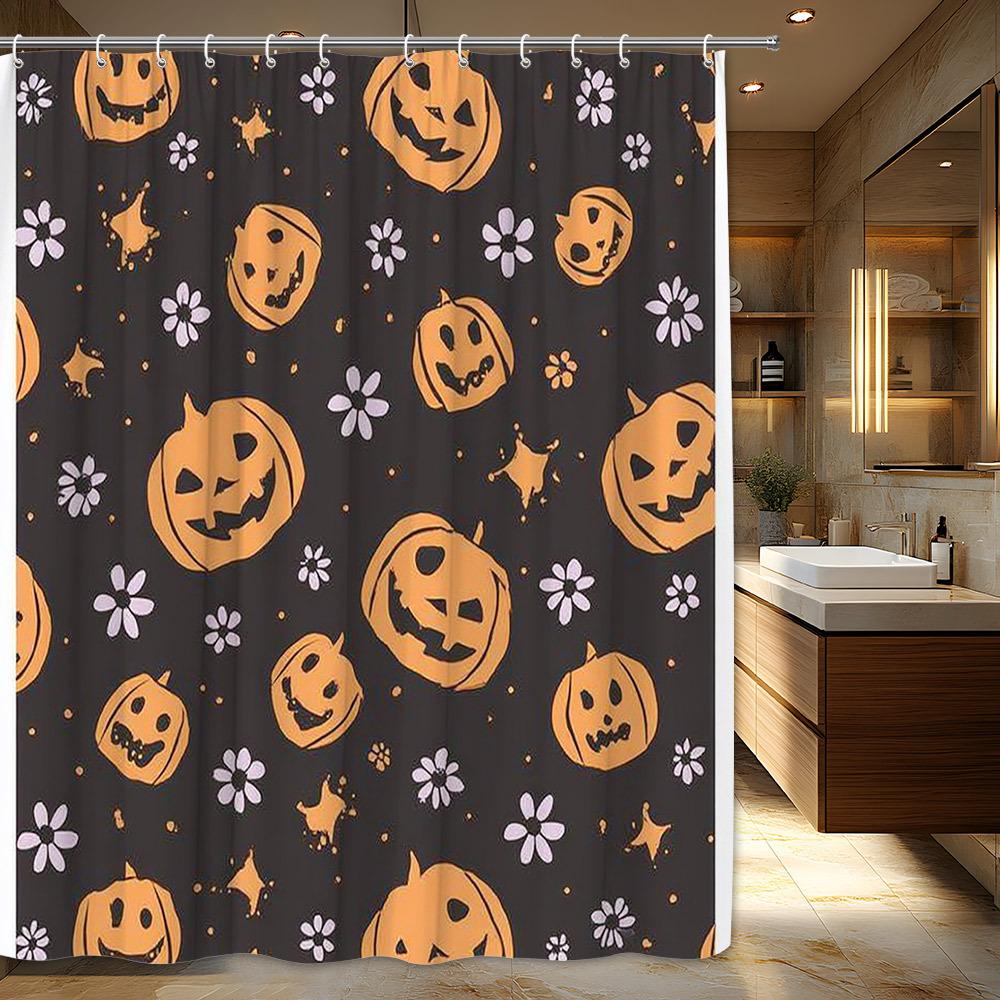 

1Pc Halloween Jack Lamp Floral Pattern Shower Curtain - Orange Pumpkin And White Flowers On Dark Brown Background W60H190(CM)-1 Pcs