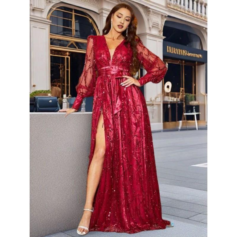 Elegant V-Neck Sequin Mesh Maxi Dress