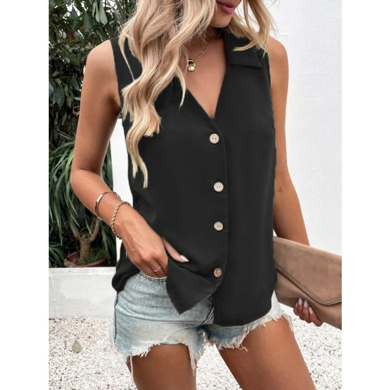 Summer Sleeveless V-neck Vest Shirt Women Casual Loose Blouse Large Office Chiffon Shirts Elegant Button-up Tops Solid Color Simple Fashion Clothing