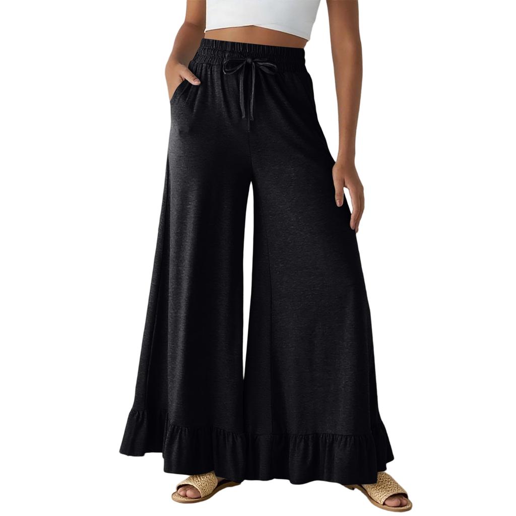Women’s Casual Loose Fit Drawstring Elastic Waist Wide Leg Pants with Ruffle Hem and Relaxed Flowy Silhouette for Everyday Wear
