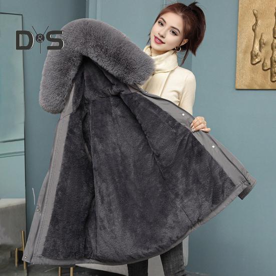 Women Winter Coat Thick Plush Furry Hooded Long Sleeves Pockets Drawstring Waist Zip-up Windproof Mid Length Overcoat Outdoor Outwear