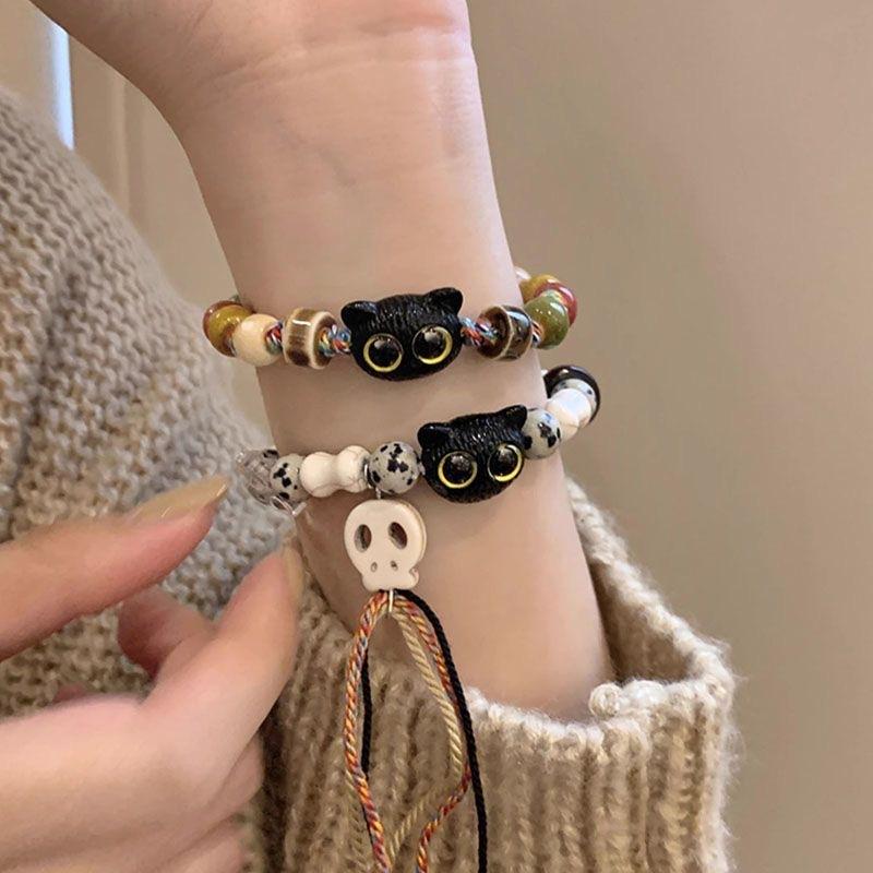 Goth Skull Cat Charm Ceramic Beads Bracelet for Women - Handmade Braided Cord