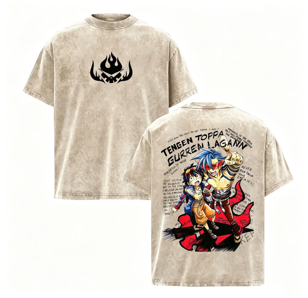 Vintage Washed Anime Tengen Toppa Gurren Lagann Graphic T Shirt Unisexs Oversized Harajuku Fashion Short Sleeve Tshirt Streetwear