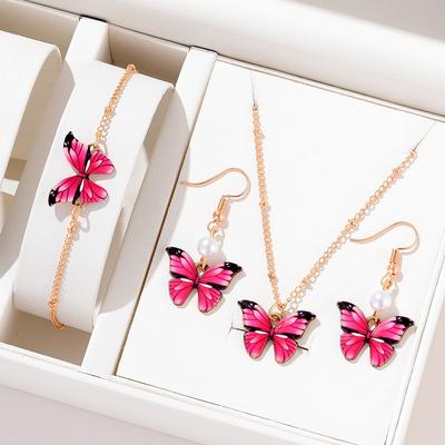 4 Piece Set Women Rose Red Butterfly Zircon Necklace Bracelet Earring Set Fashionable Versatile High End Personalized Zircon