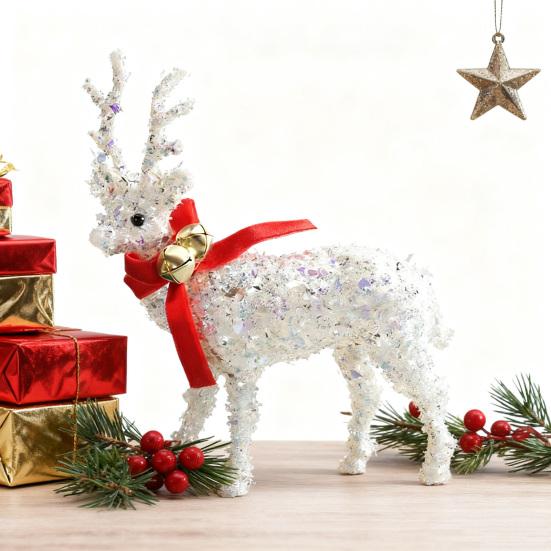 Christmas Reindeer Figurine Plastic White Elk Sculpture with Scarf Small Deer Statue Table Ornaments for Xmas Tabletop Mantel Shelf Decor
