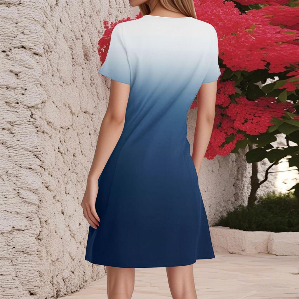 Women's Fashion Casual Short-sleeved V-neck Gradual Print Home Holiday Casual Dress