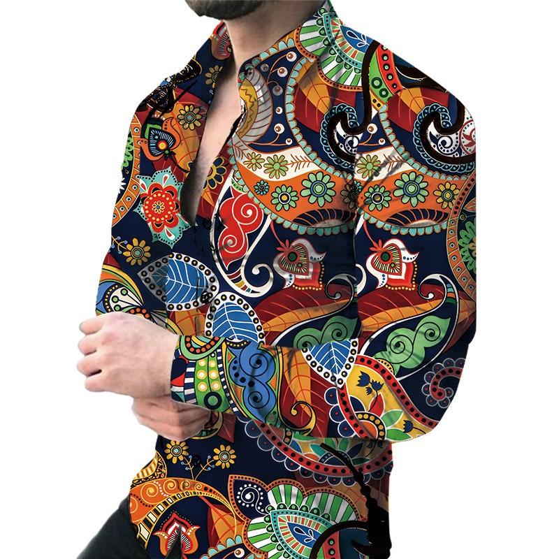 Men's Fashion Top Spring Casual Collar Button Printed Long Sleeve Top