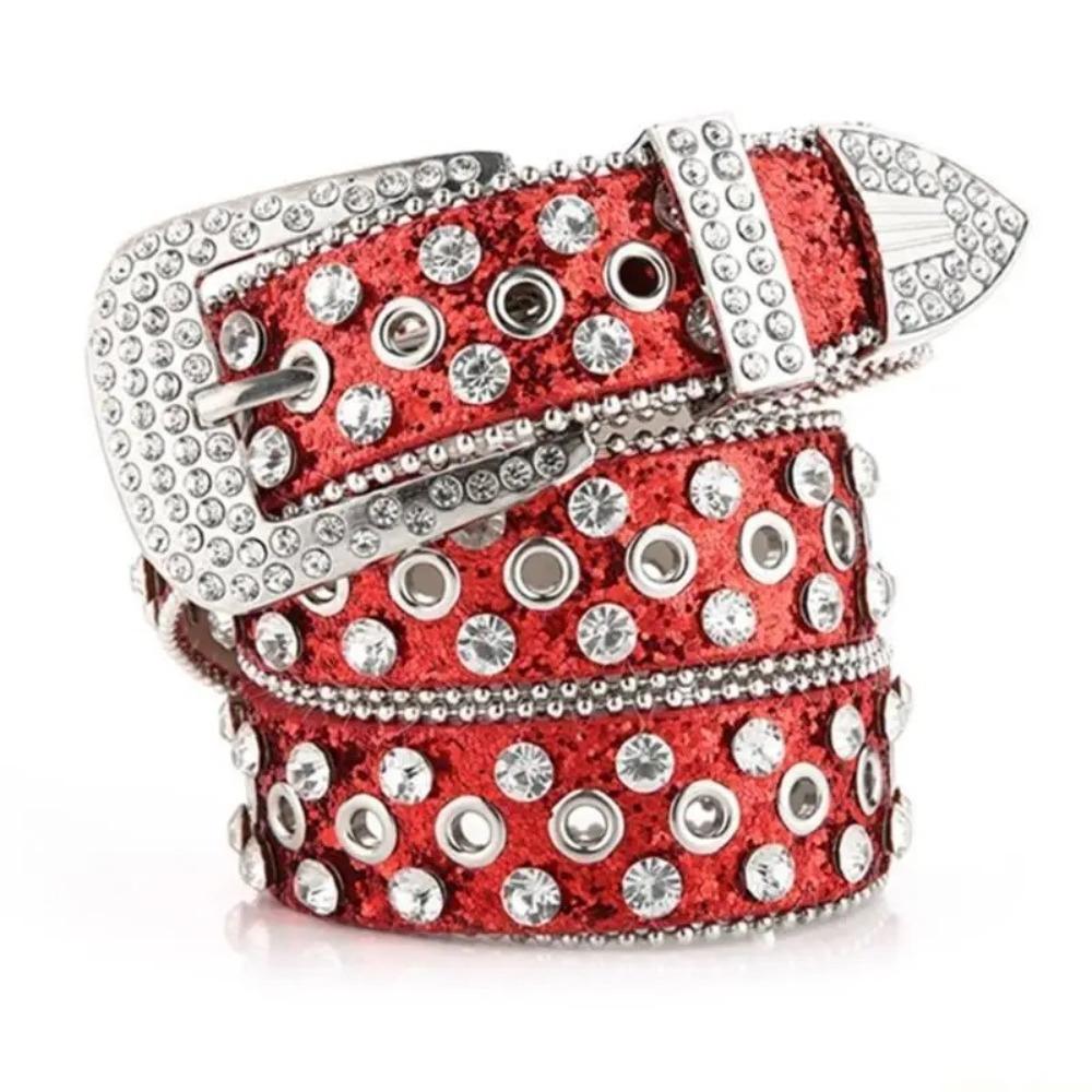 Y2K Rivet Belt PU Leather Women Waistband Punk Rhinestone Belts  Women красный