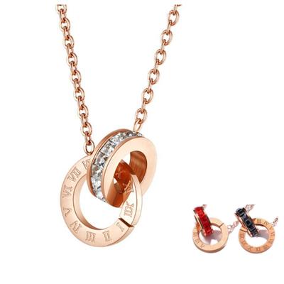 Rose Gold Color Roman Double Ring Pendant Stainless Steel Necklace Woman Chain Plated