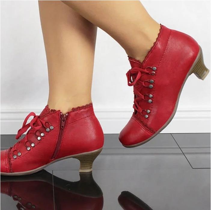 Cross lace-up short women's boots new European and American style round head side zipper kitten and medium heel boots women