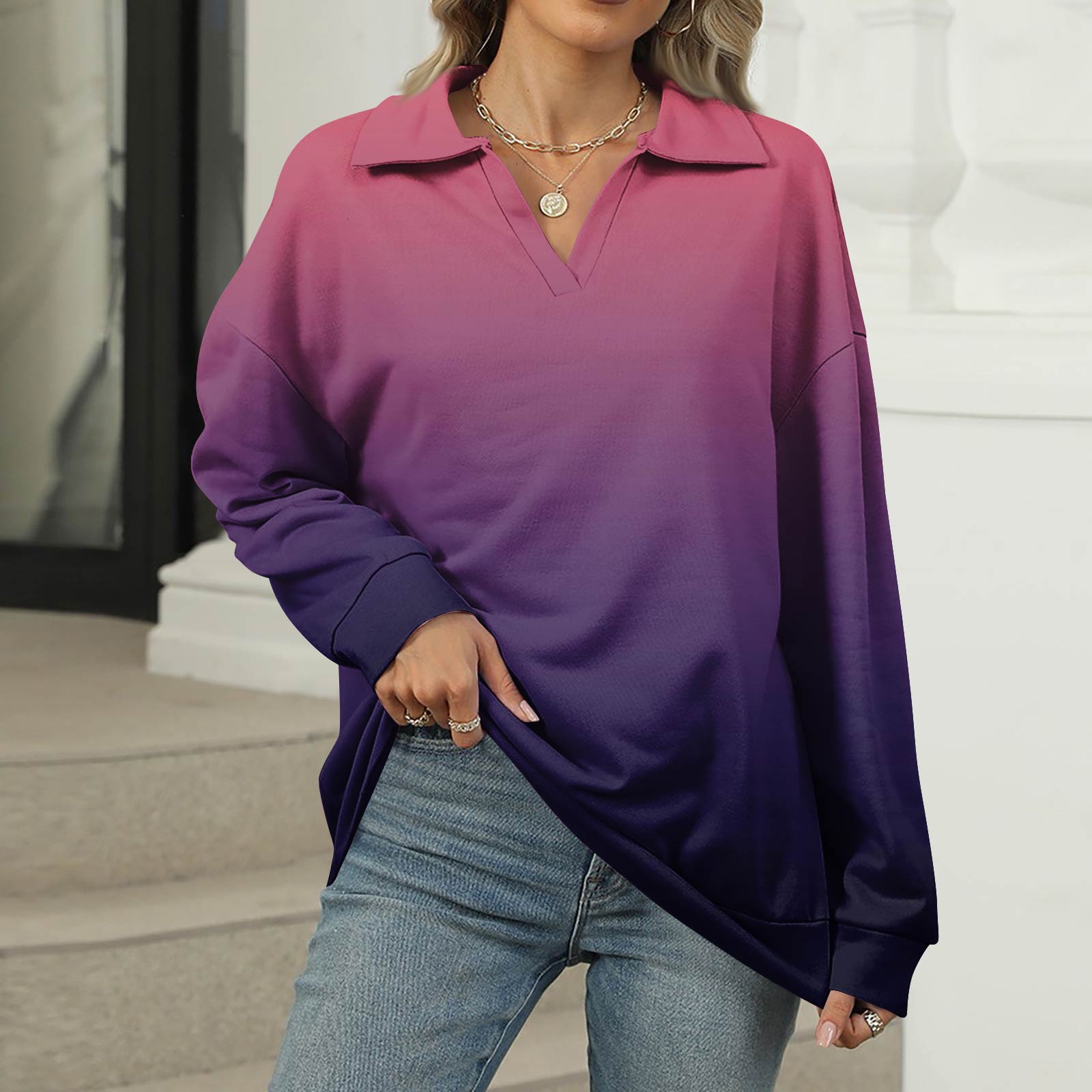 

Женская летняя модная повседневная рубашка с v-образным вырезом и длинным рукавом с принтом, топ M фиолетовый