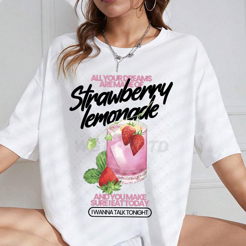 Strawberry Lemonade T-Shirt Cotton Summer Tops Women's Clothing Pink Strawberry Top Girl Outfits Gift Fashion Casual T-shirts