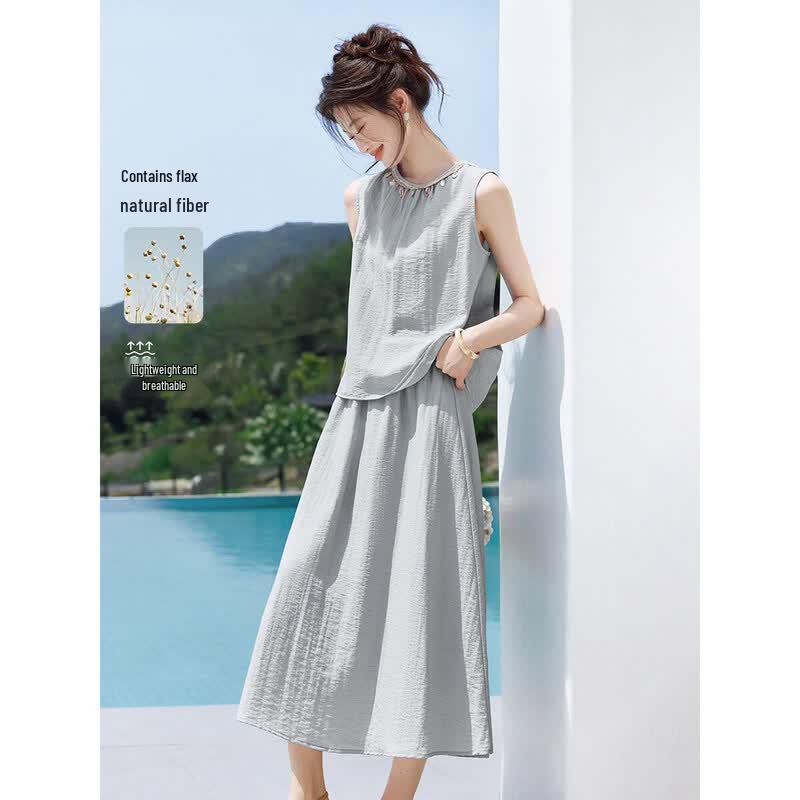 Mohanyimei Women s Summer Linen Shirt & Skirt Set S