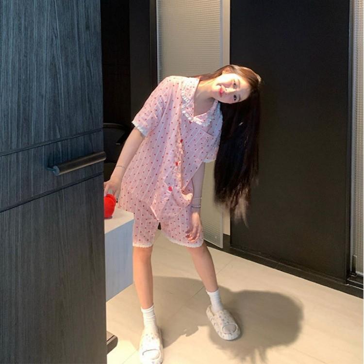 Girls star striped lace pajamas summer short sleeved shorts ins style suit girls loungewear