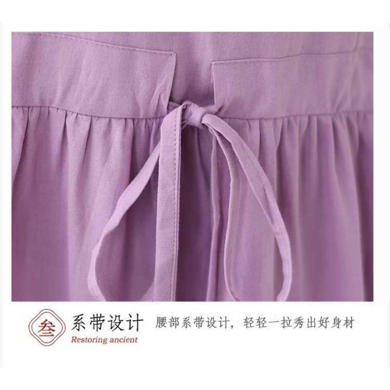 Ethnic Style Wooden Ear Neck Tie Waist Short Sleeve Midi Literary Vintage Dresses